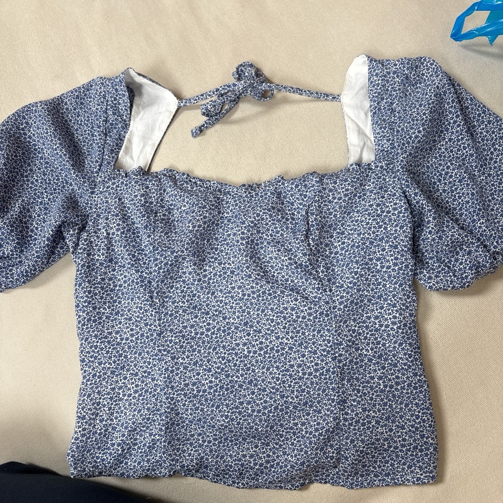 Abercrombie & Fitch Blue Puff Sleeve Blouse with Smocked Tie Front